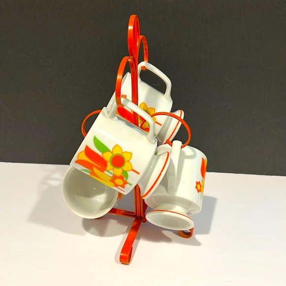 Vintage Mug Set with Metal Orange Stand - Picture 1 of 6